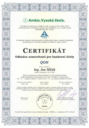 Certifikát odhadce nemovitostí pro bankovní účely