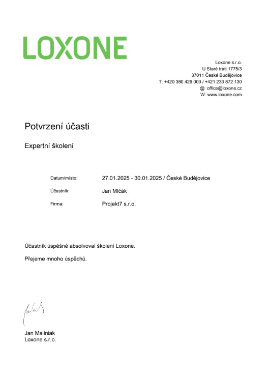 Certifikát LOXONE